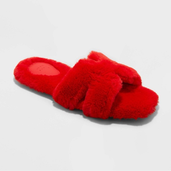 A New Day Sage Slippers Slides Plush Faux Fur Open Square Toe Red - Picture 1 of 7